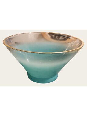 Blendo Vintage Turquoise Frosted Glass Bowl With Gold Trim Chip Dip Mid Century